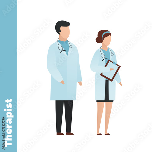 Trendy flat medical character vector cartoon illustration. Set of male and female doctors team isolated on white background. Coat uniform, stethoscope and tablet folder. Therapy (common) department.