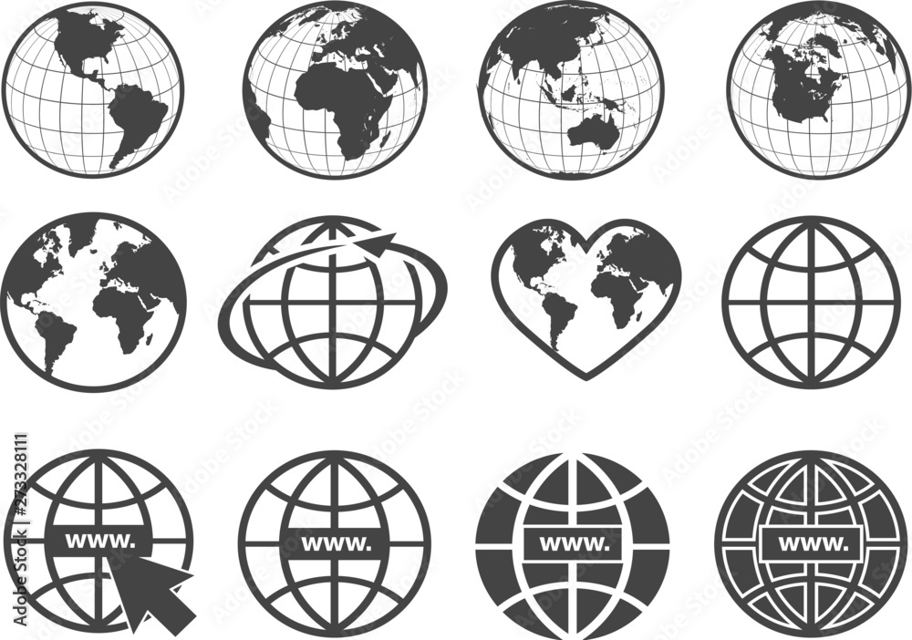 Set of earth globe icons in flat and linear design on a white background - obrazy, fototapety, plakaty 