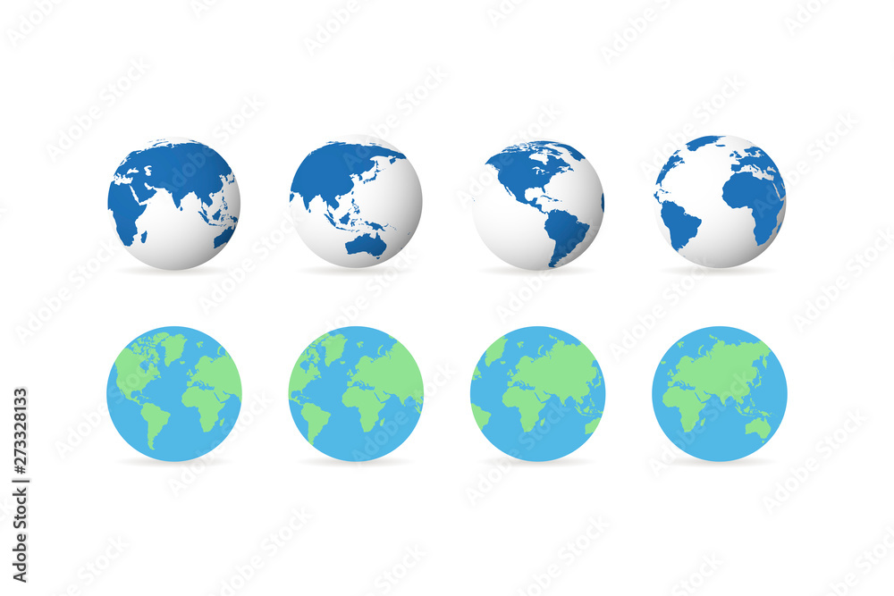 Set of earth globe icons in flat and linear design on a white background