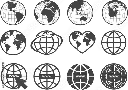Set of earth globe icons in flat and linear design on a white background #273328111