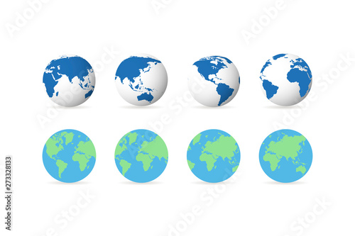 Set of earth globe icons in flat and linear design on a white background