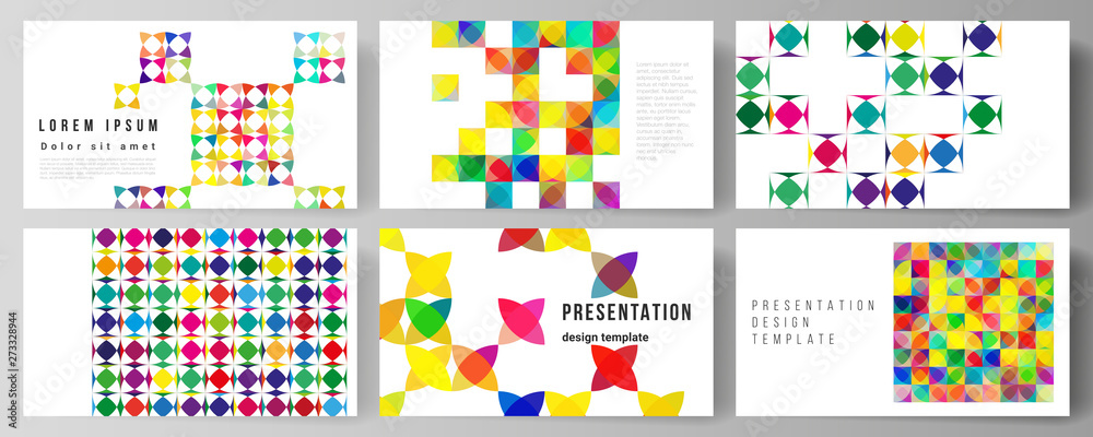 The minimalistic abstract vector illustration layout of the presentation slides design business templates. Abstract background, geometric mosaic pattern with bright circles, geometric shapes.