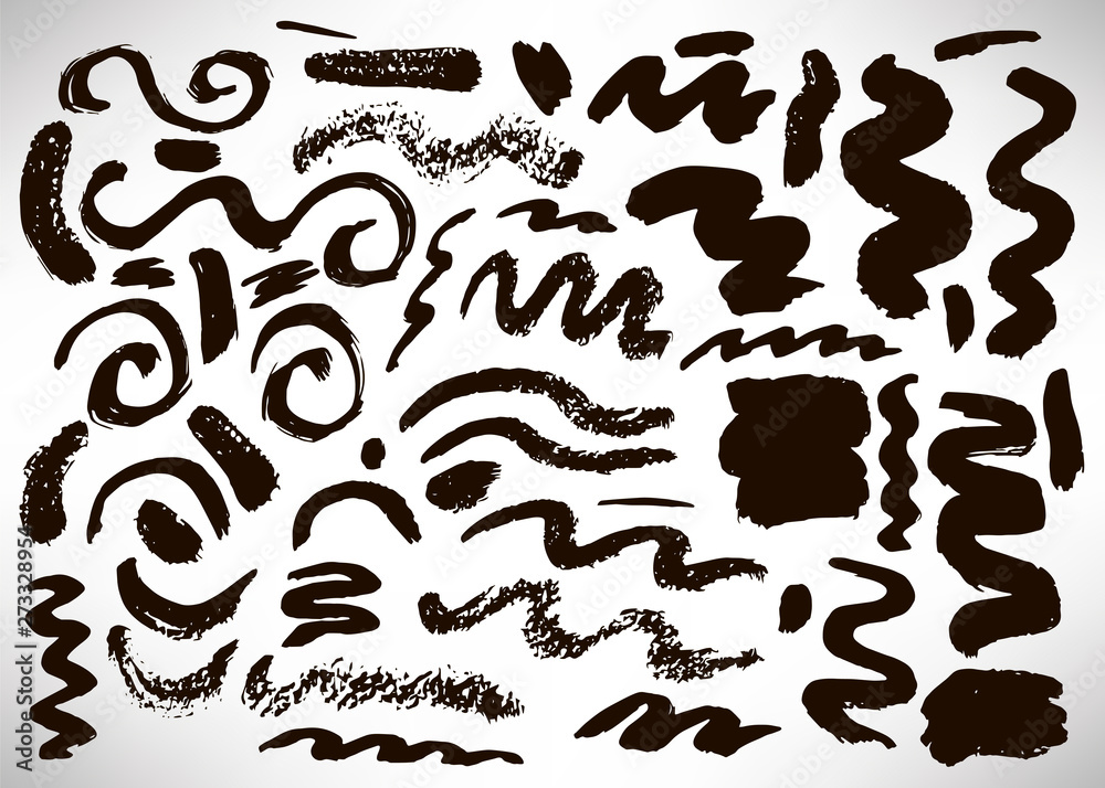 Set of hand drawn black grunge elements, banners, brush strokes isolated on white. Vector illustration.