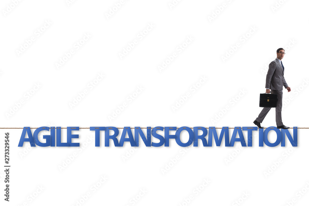 Agile transformation concept with businessman walking on tight r Agile transformation concept with businessman walking on tight r