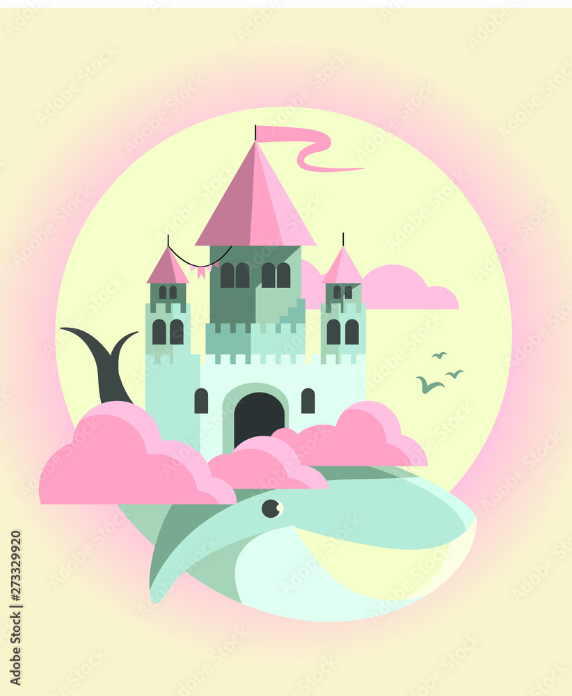 flying castle in the morning on a whale in the clouds