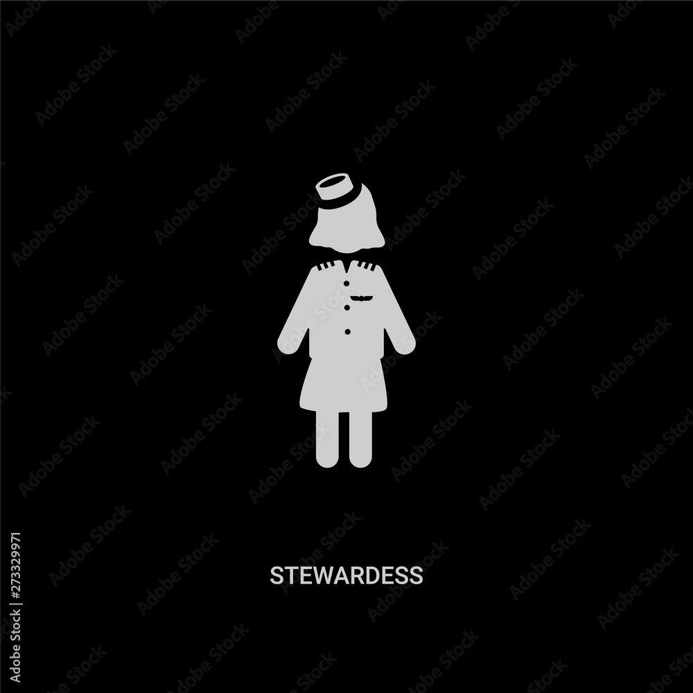 white stewardess vector icon on black background. modern flat stewardess from jobprofits concept vector sign symbol can be use for web, mobile and logo. white stewardess vector icon on black background. modern flat stewardess from jobprofits concept vector sign symbol can be use for web, mobile and logo.
