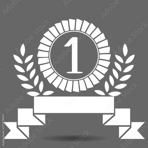 Rosette with number 1, laurel and ribbon on grey background. Vector clip-art.