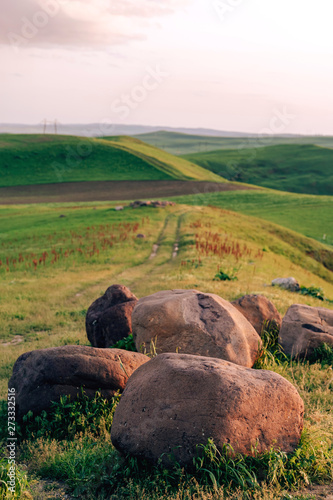 The view from the mountain Kazygurt. Hilly terrain. Nature in Turkestan region of Kazakhstan. photo