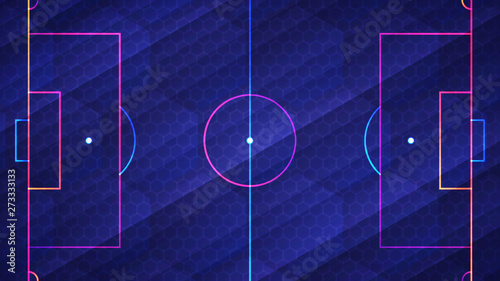 Abstract glowing neon colored soccer field over blue background