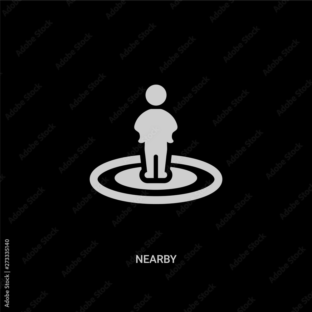 white nearby vector icon on black background. modern flat nearby from maps and locations concept vector sign symbol can be use for web, mobile and logo. white nearby vector icon on black background. modern flat nearby from maps and locations concept vector sign symbol can be use for web, mobile and logo.