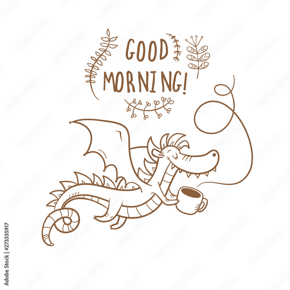 Card with cute cartoon dragon with mug. Wish good morning. Funny animal.  Vector contour image no fill. Children's illustration. Stock Vector | Adobe  Stock