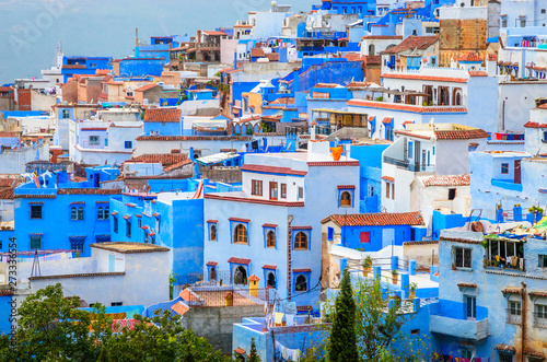 Aerial view of blue medina of city Chefchaouen, Morocco, Africa.