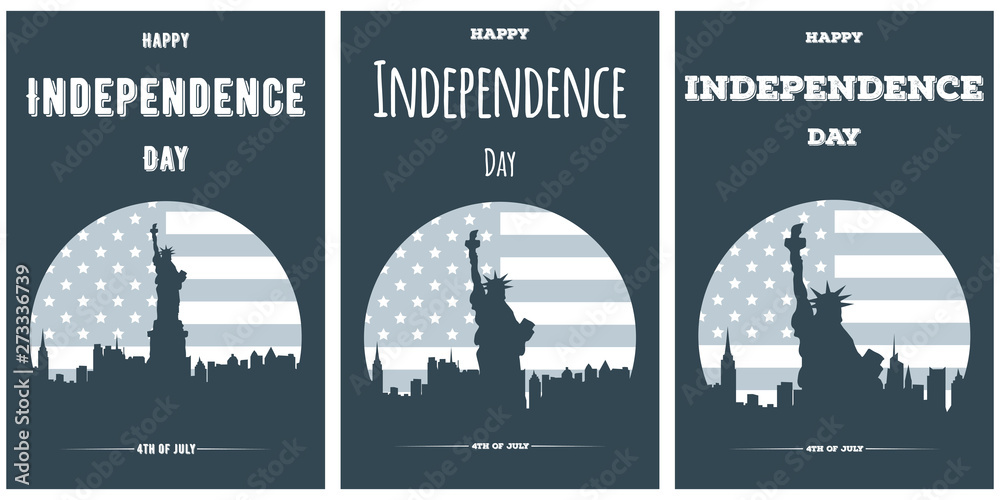 Happy Independence Day of United States banners. Retro cards or flyers of American city with silhouette of the Statue of Liberty and urban landscape. Vintage template background for American holidays.