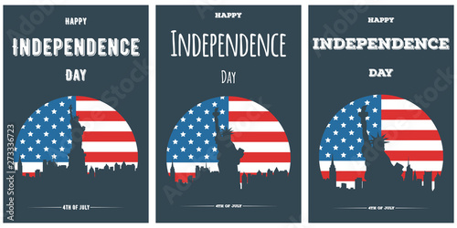 Happy Independence Day of United States banners. Retro cards or flyers of American city with silhouette of the Statue of Liberty and urban landscape. Vintage template background for American holidays.
