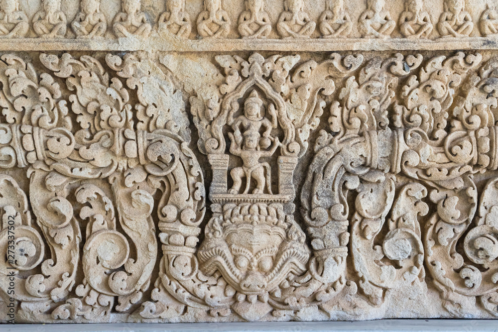 Sandstone lintel depicting Indra on elephant Airavata. Khmer art in Thailand.