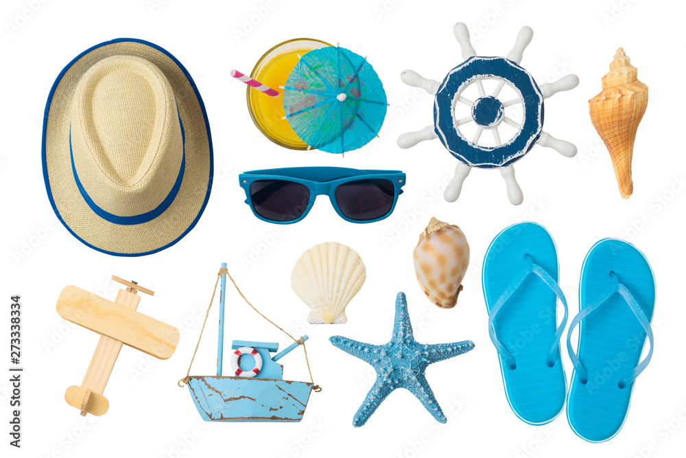 Summer holiday vacation concept with beach and travel accessories isolated on white background. - obrazy, fototapety, plakaty 