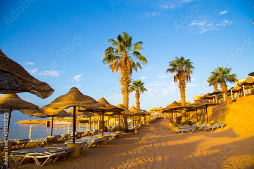 SHARM EL SHEIKH, EGYPT - March 18, 2019: Red Sea Coast, Concord Hotel. Beach with umbrellas, sun beds and palm trees. Background tourism and travel. Rest and vacation. photo