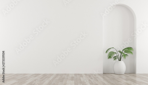 3D stimulate of white room and arch wall design with green plant in vase. Perspective of minimal design.Illustrate.