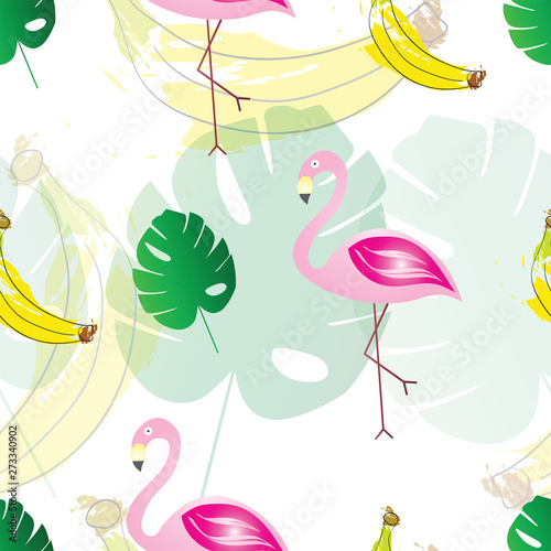 seamless pattern with flamingos bananas and exotic tropical leaves - summer theme