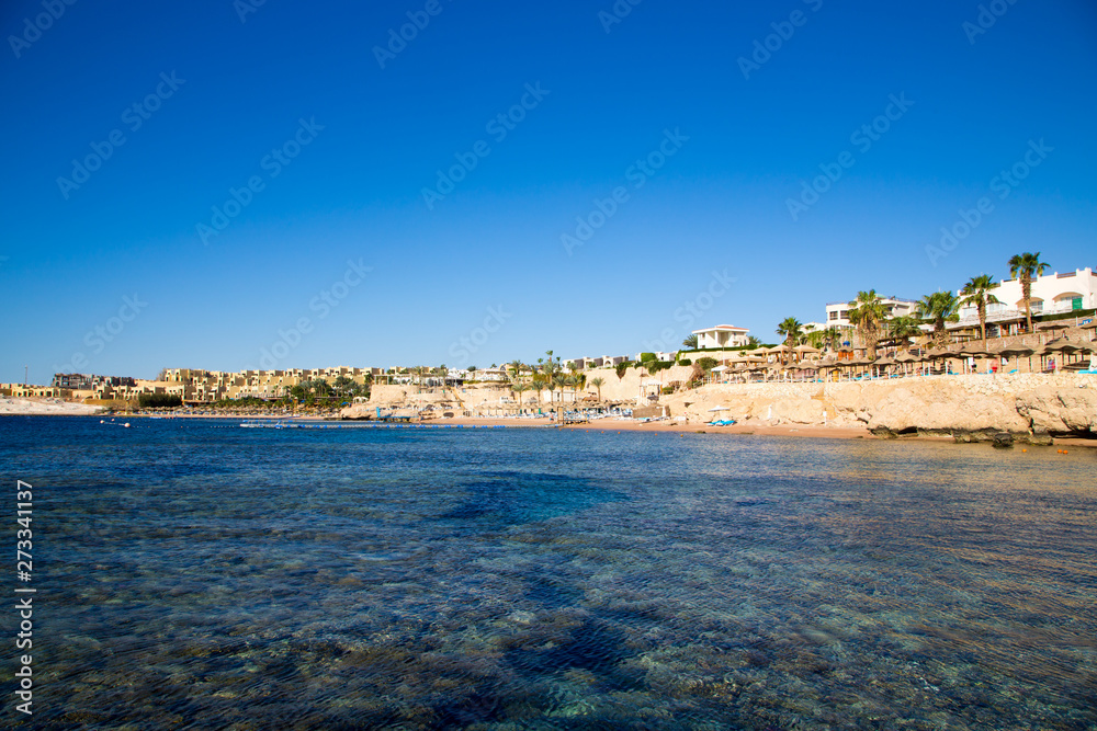 SHARM EL SHEIKH, EGYPT - March 18, 2019: Red Sea Coast, Concord Hotel. Beach with umbrellas, sun beds and palm trees. Background tourism and travel. Rest and vacation. SHARM EL SHEIKH, EGYPT - March 18, 2019: Red Sea Coast, Concord Hotel. Beach with umbrellas, sun beds and palm trees. Background tourism and travel. Rest and vacation.