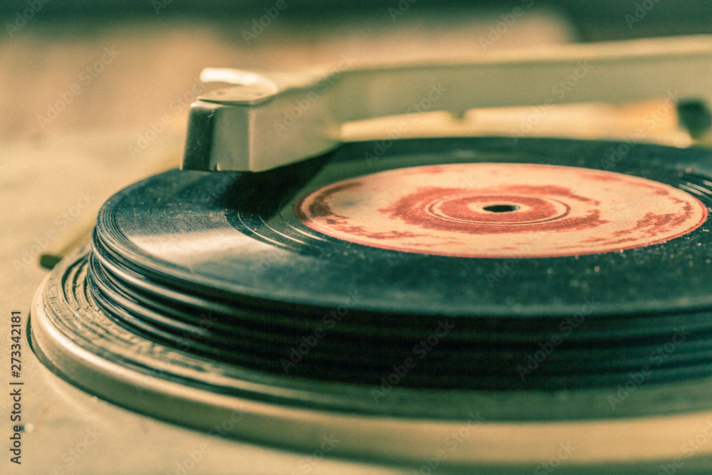 Closeup record player with records Stock Photo | Adobe Stock