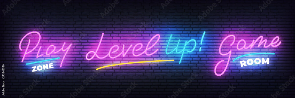 Gamer neon set. Play zone, Game room, Level Up glowing neon sign.