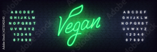 Vegan neon. Glowing lettering Vegan sign template.