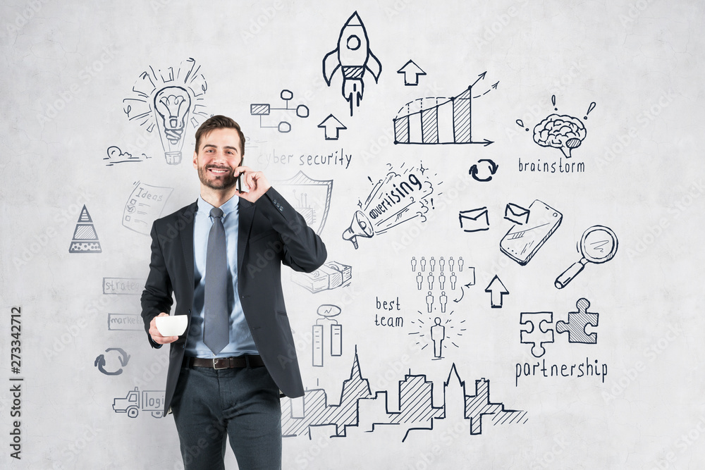 Smiling man with phone, business strategy Smiling man with phone, business strategy