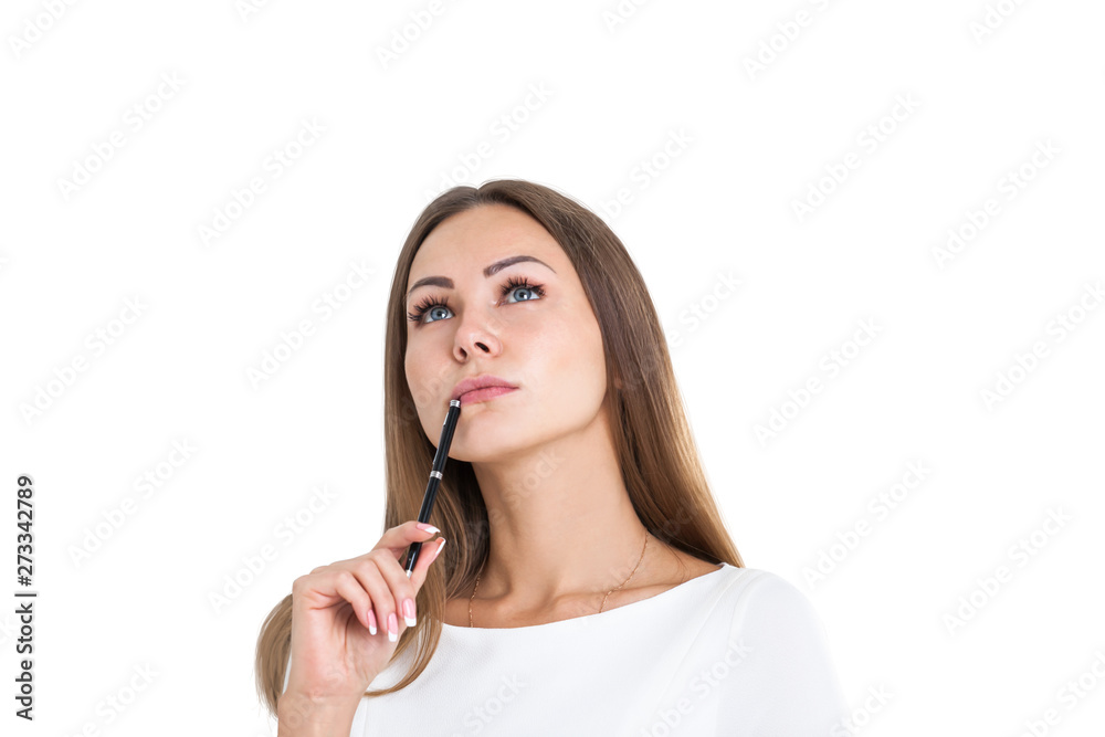 Pensive young woman with pen, isolated Pensive young woman with pen, isolated