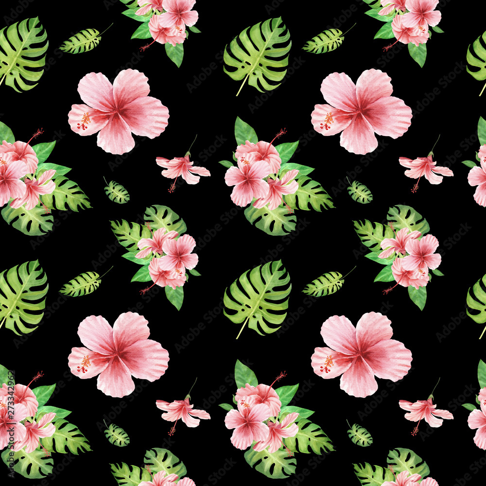 hand drawn watercolor floral tropical seamless pattern with green monstera leaves and pink hibiscus flowers on black  background. design for cloth, textille, wrapping, gift paper