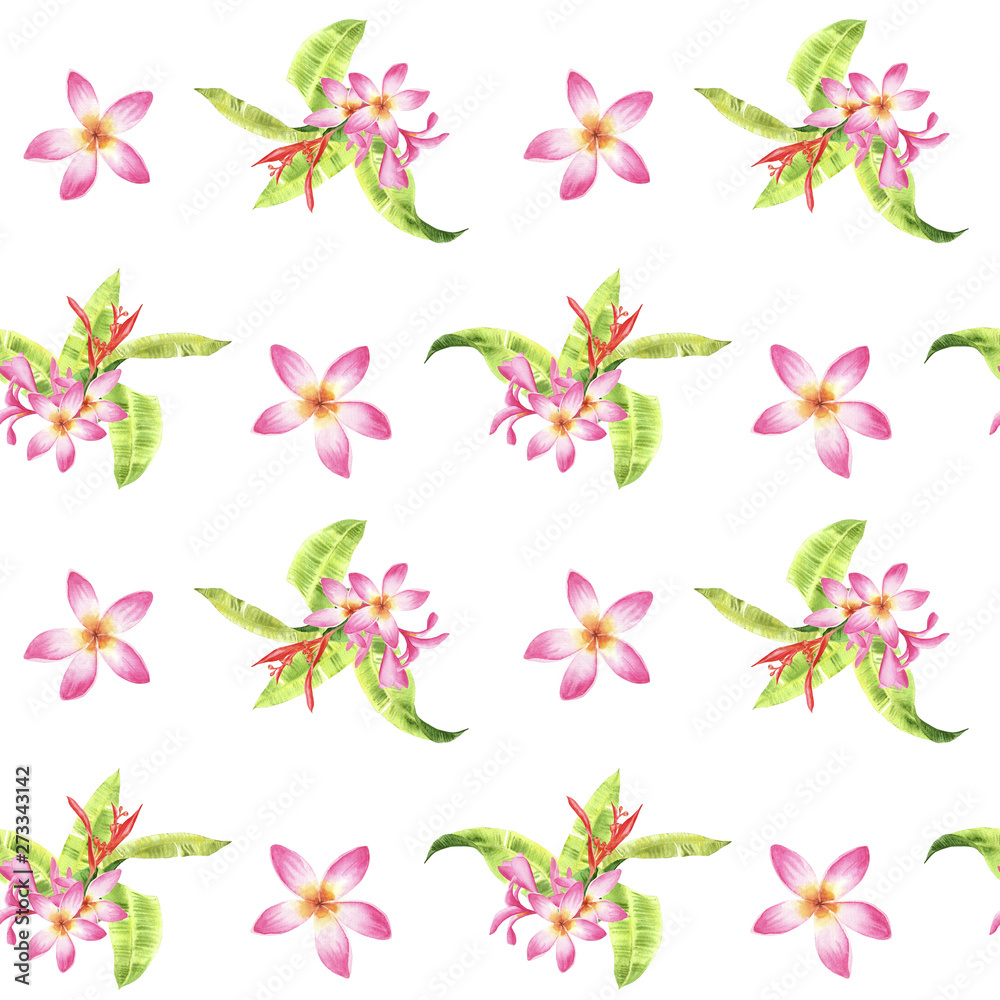 hand drawn watercolor floral tropical seamless pattern with green monstera leaves and pink plumeria flowers on white  background. design for cloth, textille, wrapping, gift paper