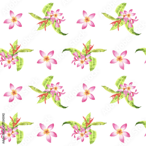 hand drawn watercolor floral tropical seamless pattern with green monstera leaves and pink plumeria flowers on white background. design for cloth, textille, wrapping, gift paper