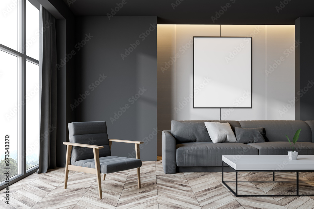 Gray and white living room with poster Gray and white living room with poster