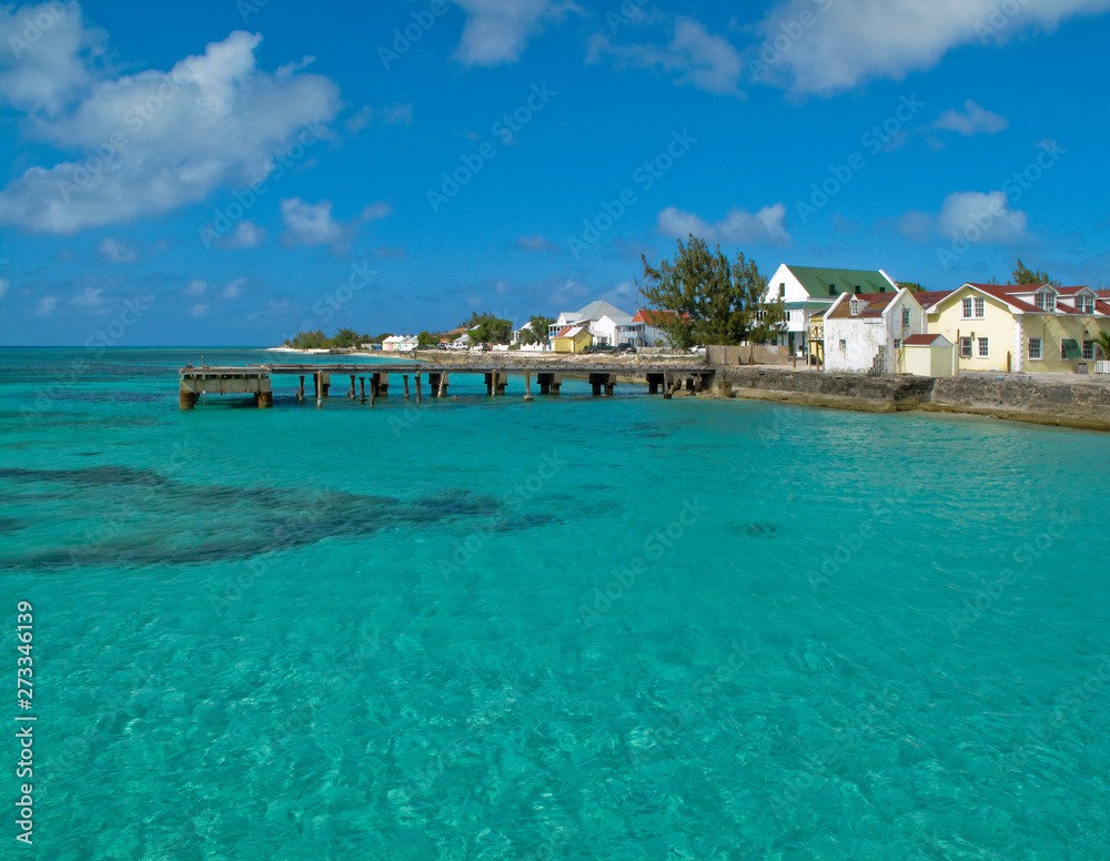 View of town area and pier on Caribbean island of Grand Turk