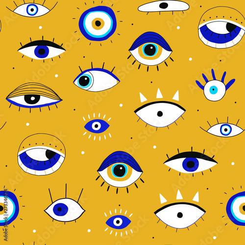 Evil eyes. Set of hand drawn various talismans. Different shapes. Flat design. Free hand drawing style. Contemporary modern trendy vector seamless pattern. Yellow background