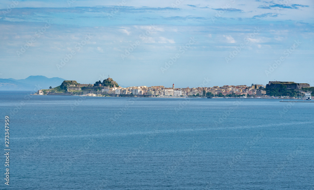 Panorama of port and old town of Kerkyra from sea