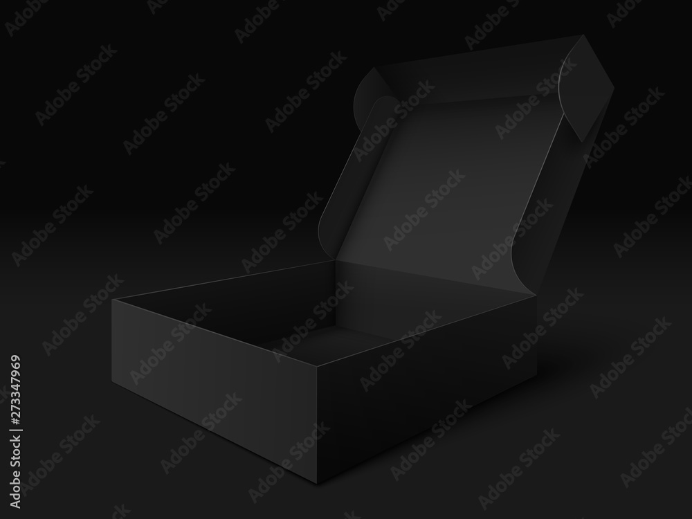 Black packaging box. Empty open dark package template, cube pack and box mockup. Gift cardboard package or cosmetic presents black wrapping 3d realistic vector illustration - obrazy, fototapety, plakaty 