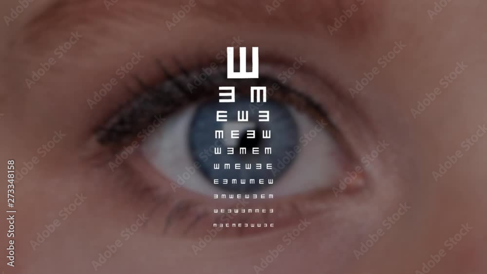 Animation von einem Sehtest mit SnellenHaken, mit blauem Auge einer Frau. Bestimmung des Visus