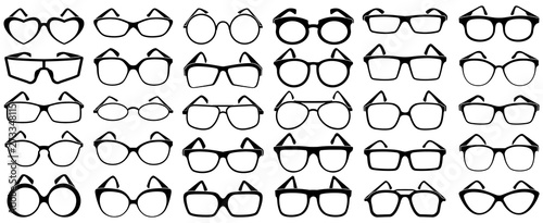 Glasses silhouette. Rim sunglasses, spectacle frame and eyewear silhouettes. Woman and man glasses, hipster or geek spectacles optical fashion. Vector isolated icons set