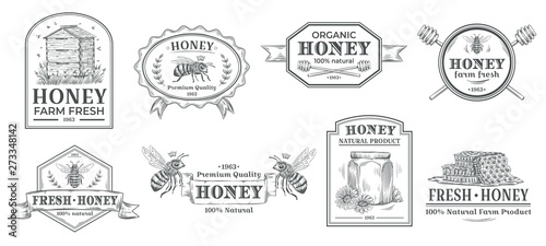 Natural honey badge. Bees farm label, vintage honey product hand drawn badges and bee emblem. Honey farm stamp logo, bee hive, wax or eco honeycomb insignia. Vector illustration isolated icon set