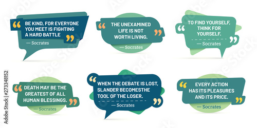 Quote in quotes frames. Socrates quotes, speech stickers and comment box badge. Info text, memo words tag or citation notes pages. Isolated vector symbols set
