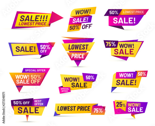 Sale badges. Discount price tag sticker, vivid advertising offer and sales wow badge. Offers promo label, retail promotion poster or shopping banner coupon. Isolated vector icons set