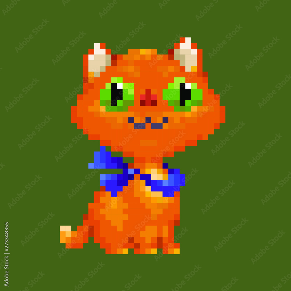 Red ginger vector pixel art cartoon smiling cat in blue scarf isolated 