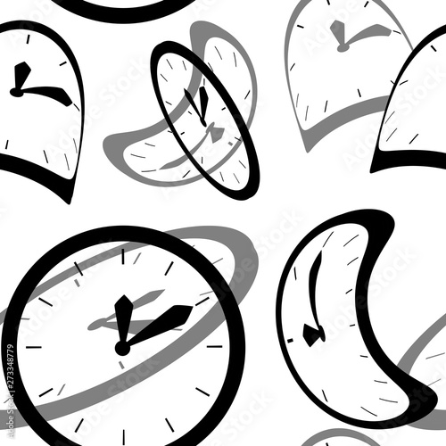 Black silhouette. Seamless pattern. Clock faces with pointers. Deformed and distorted clock face. Flat vector illustration on white background