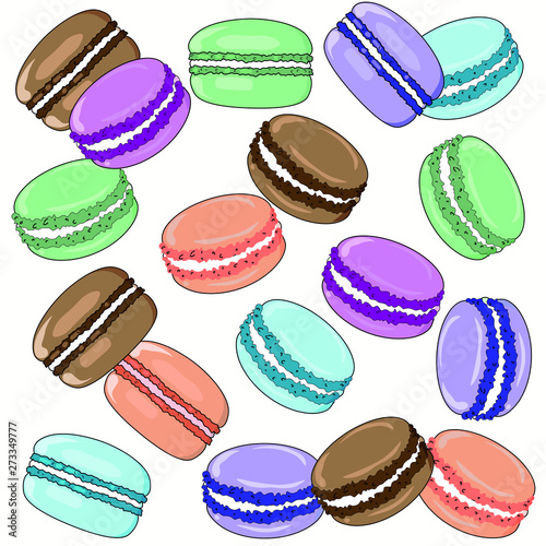 Vector illustration. Colorful cartoon macarons pattern. White background. 