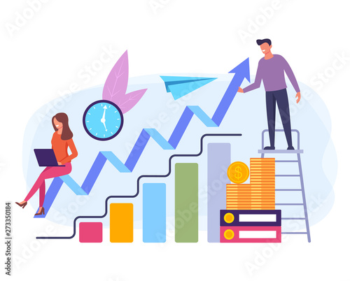 People office workers businessman on success stage working together. Teamwork concept. Vector flat graphic design cartoon illustration