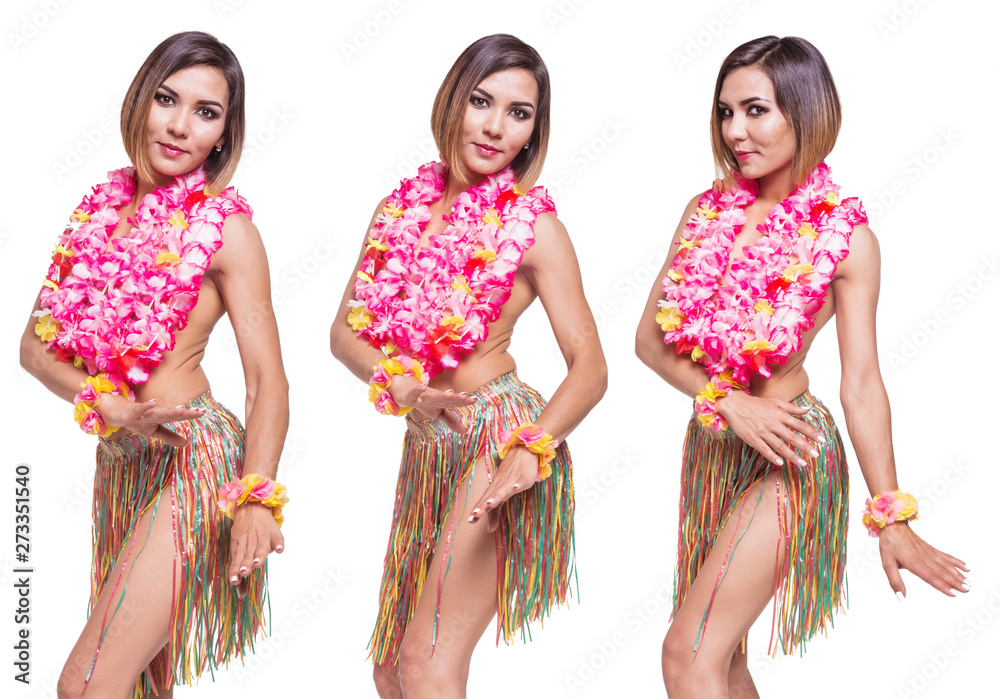 Beautiful girl in a Hawaiian outfit. Costume for parties. White batsground.  Stock Photo | Adobe Stock