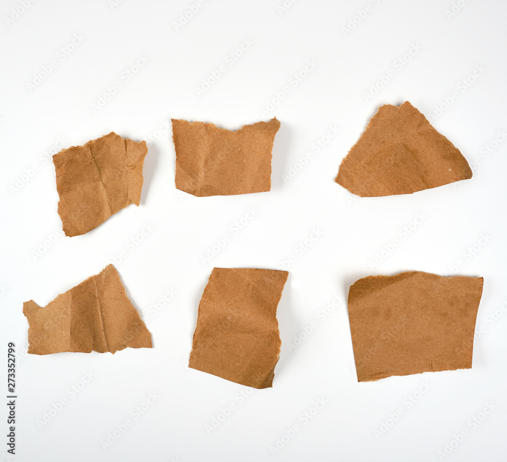 torn brown pieces of parchment paper on a white background