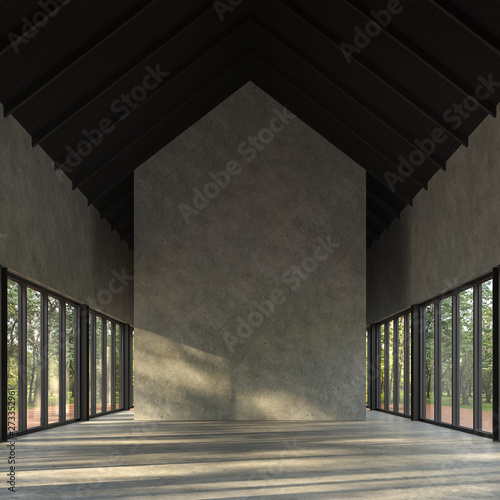 Fototapeta Naklejka Na Ścianę i Meble -  Loft style empty room with nature view 3d render,There are polished concrete floor and wall,black wood ceiling,There are large windows look out to see the nature,sunlight shining into the room.