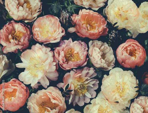 Fototapeta Naklejka Na Ścianę i Meble -  Vintage bouquet of pink and white peonies. Floristic decoration. Floral background. Baroque old fashiones style image. Natural flowers pattern wallpaper or greeting card
